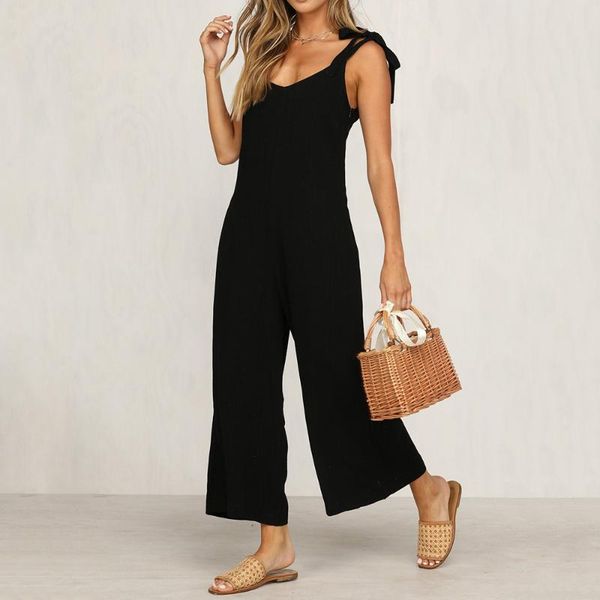 

женский повседневный комбинезон сплошной цвет лето свободные широкие ноги без рукавов комбинезон, Black;white