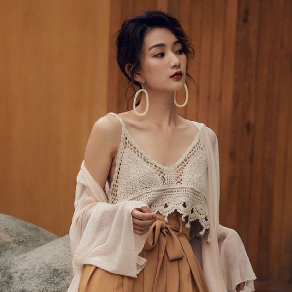 

blouse female cami summer seaside holiday woven vest hollow tassel small hanging wide loose shorts, White