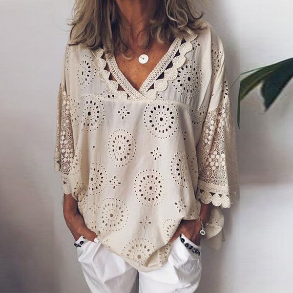 

ladies designer women blouse hollow out lace patchwork women plus size 5xl geometry v neck summer shirt vrouw blouse large, White
