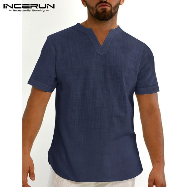 

men's casual shirts vintage cotton men shirt v neck breathable short sleeve streetwear camisas solid pullover summer retro incerun s-5, White;black