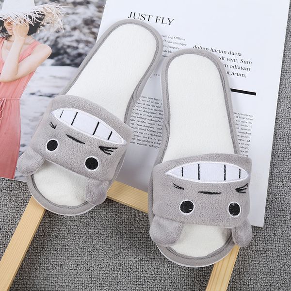 

women lovely cartoon my neighbor totoro fashion plush open toes flat slippers winter warm home indoor comfortable couple shoes, Black