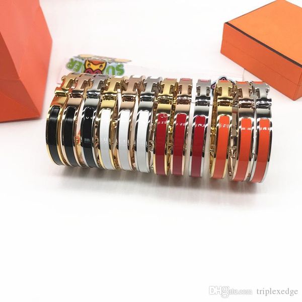 

new european brand classic h letter designer jewelry woman bracelet titanium plated 18k gold enamel cuff bracelet with logo, White