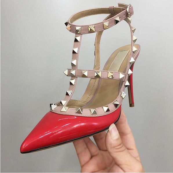 

2019 women lady red patent leather design rivets spikes strap pumps pointed toe high heels sandals dress shoes pumps slingback, Black