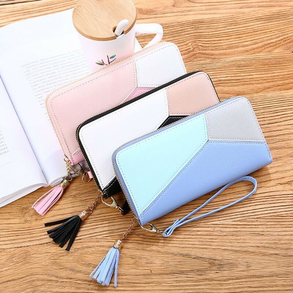 

us women zipper leather wallet large patchwork wristband handbag card phone bag