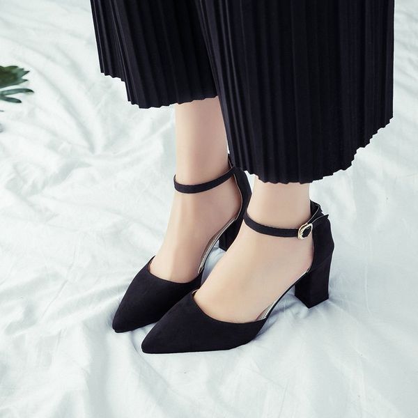 

fairy closed-toe sandals 2019 spring new style pointed shallow mouth chunky-heel a- line buckle versatile high-heel shoe semi-hi, Black