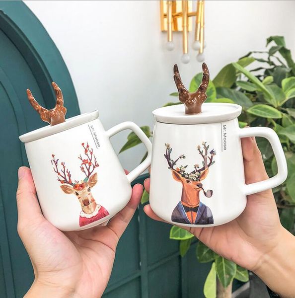

nordic creative ceramic cup antlers ceramic cup with lid drinking cup business office cartoon coffee mug student cups