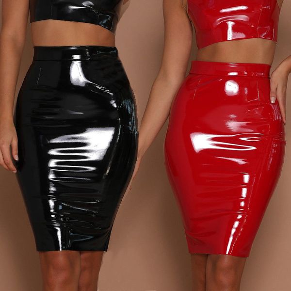 

2019 women mini elegant bodycon latex skirt high waist pencil pu patent leather skirt black office short skirts female, Black;gray