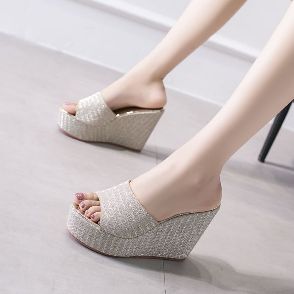

2020 new summer simple wedge heel shoes thick bottom word slippers female summer high heel wild fashion sandals, Black