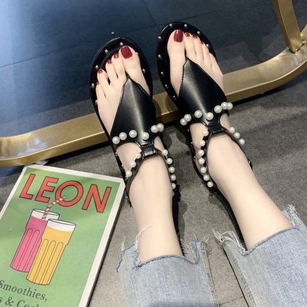 

2020 new fairy wind flat bottom wild feet beach roman sandals women, Black