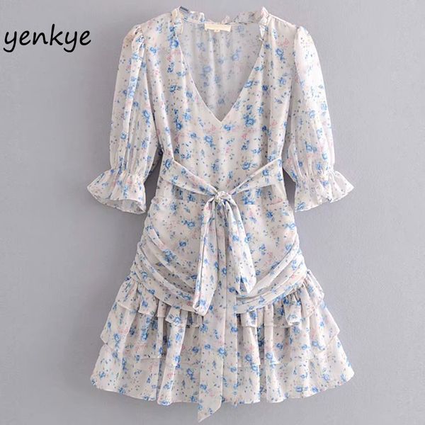 

sweet floral print cake dress women v neck butterfly sleeve sashes layered-ruffle a-line mini summer dresses ldzz6170, White;black