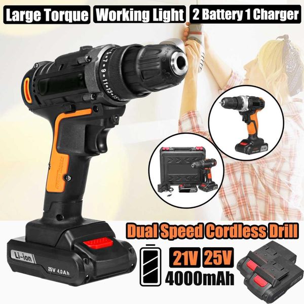 

3/8" 21v/25v max electric screwdriver cordless impact drill 2 lithium-ion battery 18+1/18+3/25+1 torque 2 speed home power tools
