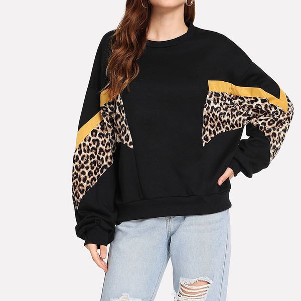 

women patchwork elegant sweatshirts autumn oversized hoodie highstreet leopard contrast pullover long sleeve sweatshirt, Black