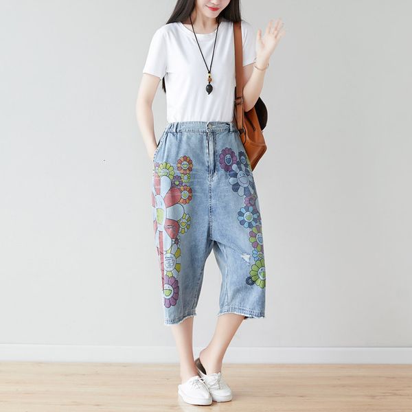 

one shirt with water summer cowboy will code loose cartoon pattern seven part pants holes thin hanging crotch and wide leg, Blue
