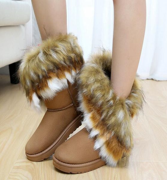 

3colors fashion rabbit hair and fox fur in tube color matching warm snow winter boots for women boots, Black