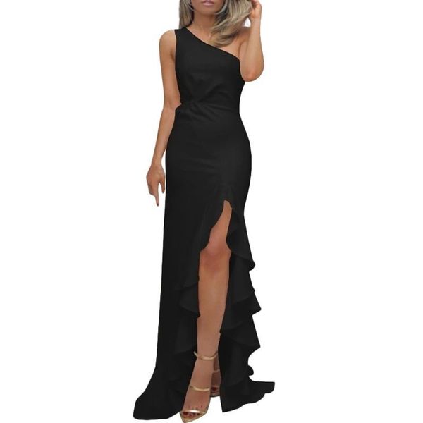 

summer women dress one shoulder ruched ruffle formal evening party dress fashion slim maxi long dresses, Black;gray