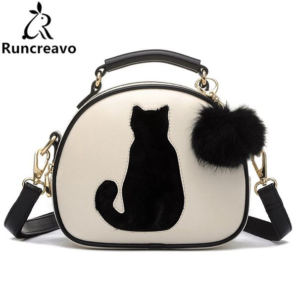 

2018 cat printing bag ladies crossbody bags circle women leather handbags with fur ball women messenger bag famous brands