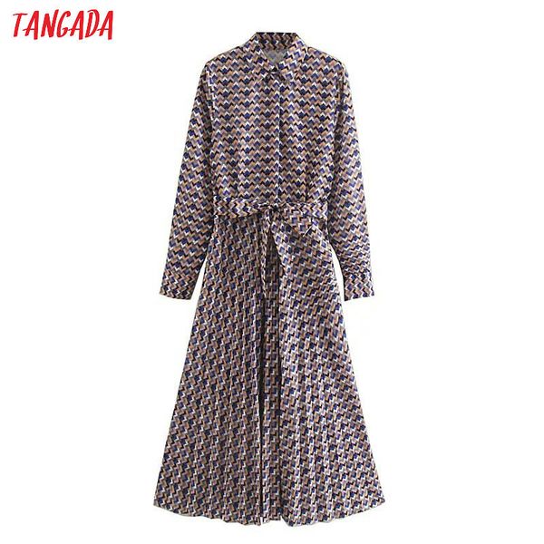 

tangada fashion women wave print shirt dress with belt long sleeve office ladies work midi dress vestidos 5z102, Black;gray