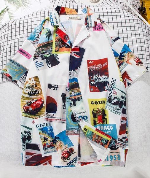 

men's shirt vintage hip hop shirt summer beach shirts printed turn-down collar short sleeve casual shirts, White;black