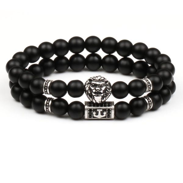 

2pcs/set new crown skull bracelet men women set classic vintage male anchor beads stone charm bracelets for couples jewelry gift, Golden;silver