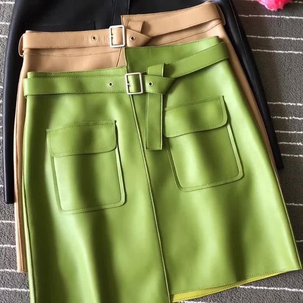 

2019 fall/winter brand new designer real leather a-line skirts chic women's pockets leather skirt a860, Black
