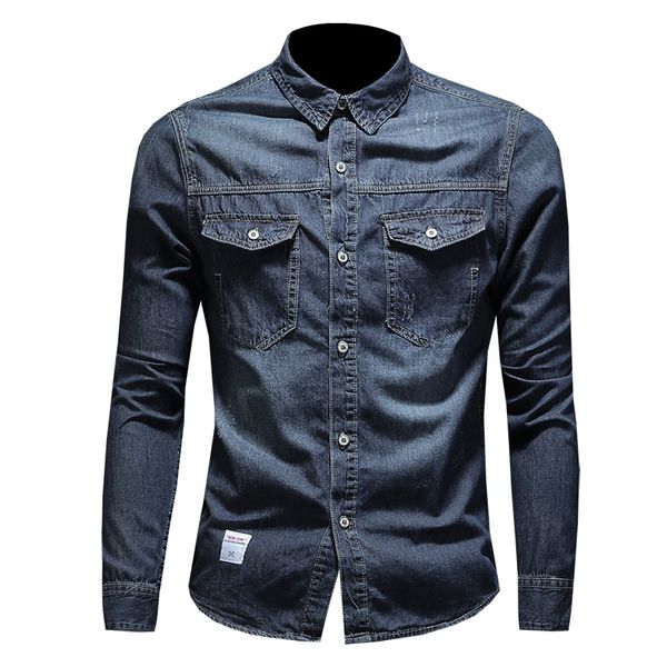 

men's casual shirts denim shirt men 2021 fashion slim solid long sleeve blue plus size cotton clothing 4xl, White;black
