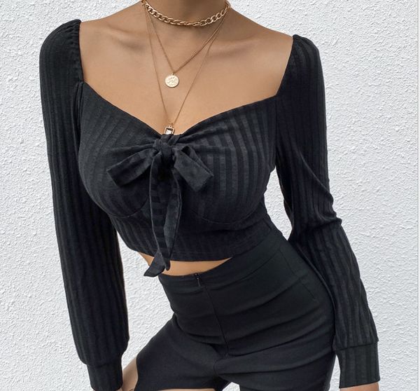 

новый чистый цвет темперамент знаком, вязаный рукав тонкий шить открытый пупок квадратный длинный рукав лук, White