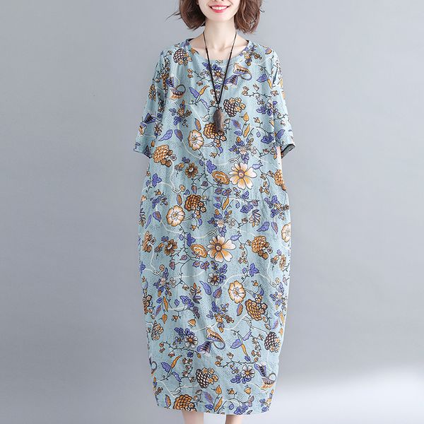 

2020 new arrival loose summer dress soft thin cotton linen print floral beach casual dress plus size women prairie chic, Black;gray