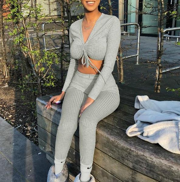 

slim womens designer tracksuits 2 piece pants solid color v neck waist long sleeved short fashion women tracksuits, White
