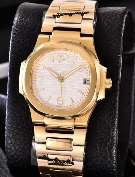 

3 color ladies 7010r-011 35mm nautilus 18k yellow gold & diamond bezel quartz movement date watch women fashion watches, Slivery;brown