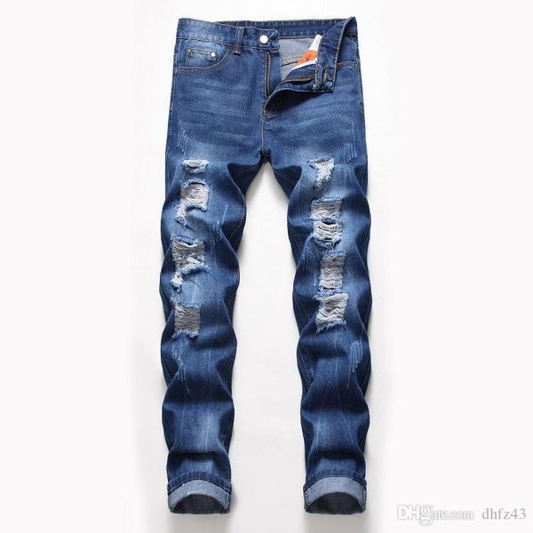 

mens new arrival solid hole jeans plus size jeans 4 colors slim fit male biker club denim pants, Blue