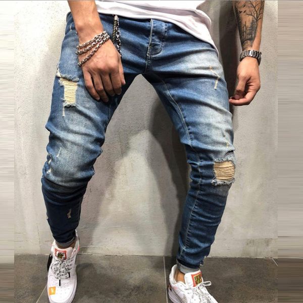 

men denim ripped hole jeans slim fit biker jeans fashion hip hop skinny striped pencil for men stretch patchwork, Blue