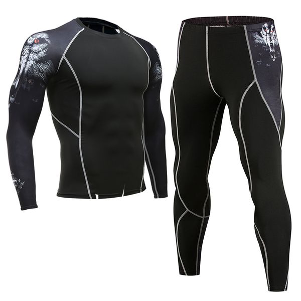 

3d print wolf men sets compression shirts + leggings base layer crossfit fitness clothing mma bjj track suit t shirt tight, Gray