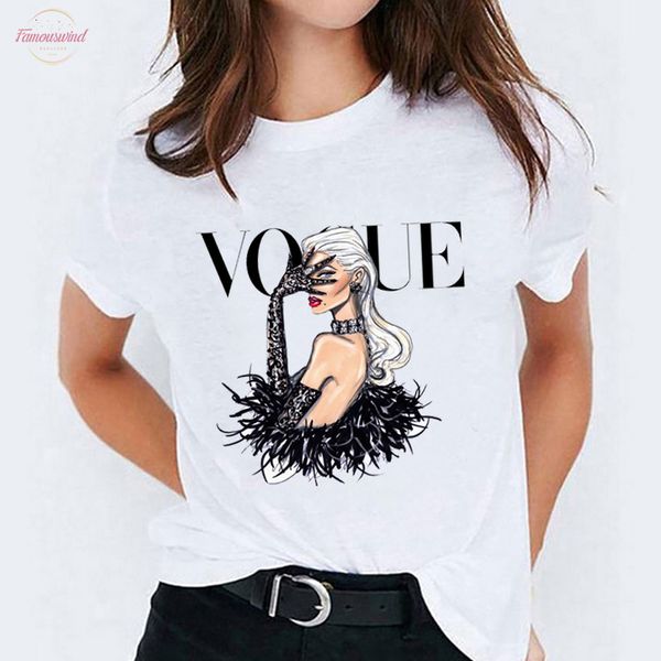 

women elegant magazine cartoon women cute ladies vogue graphic womens tees female camisas lady t shirt harajuku t shirt t shirts, White