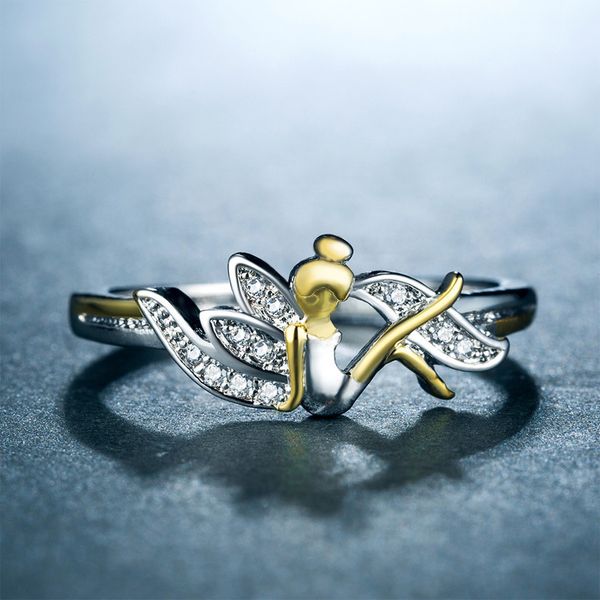 

cute angel rings inlaid zircon personality flower fairy rings for women creative women party jewelry gift wholesale bague femme, Silver