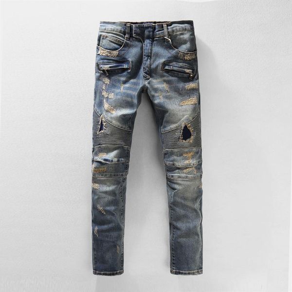 

горячие продажа мужские проблемные рваные джинсы байкер slim fit мотоцикл байкер denim для мужчин модельер hip hop мужские джинсы хорошее ка, Blue