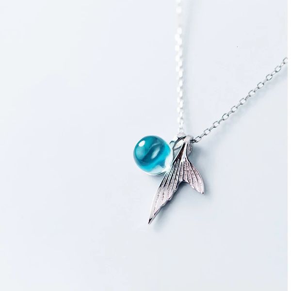 

925 sterling silver mermaid foam necklace for women fishtail blue crystal glass chain necklace