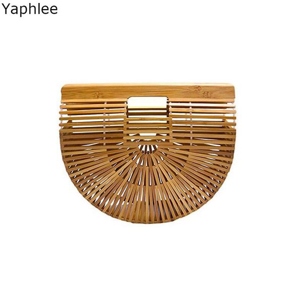 

yaphlee women half moon bamboo handbags 2018 summer casual plaid hollow out female handle bags criss-cross beach totes