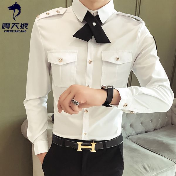 

mens business shirts casual slim fit long sleeve shirt tie work clothes night club party tuxedo shirts epaulet multi-pocket 5xl, White;black
