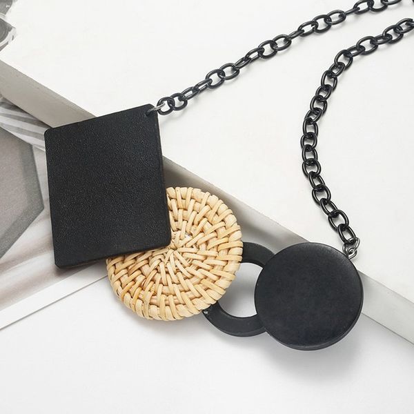 

new bamboo rattan pendant necklace black geometric alloy chain statement necklace fashion personality jewelry accessories drop shipping, Golden;silver