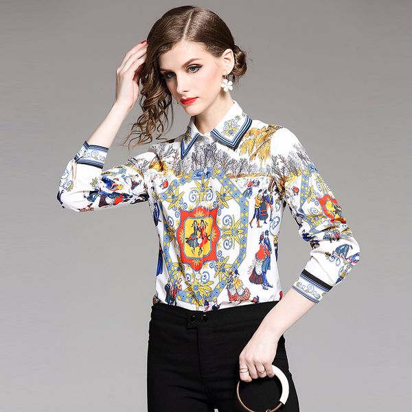 

vintage paisley print button front shirt plus size women luxury design ladies runway blouse long sleeve office for spring autumn winter, White