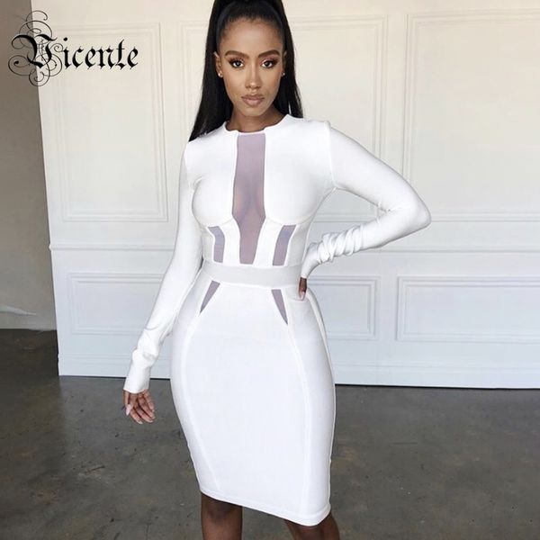 

vicente 2019 new chic white dress long sleeves mesh splicing design knee length celebrity party club bandage dress, Black;gray