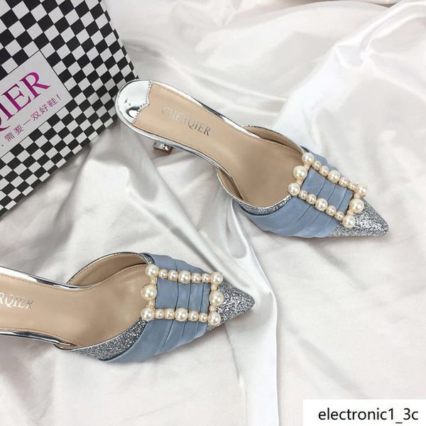 

2019 brand fashion stilettos baotou sequins pearl high-heeled sandals 6 cm heel not lace-up looping silver high-heeled sandals 004