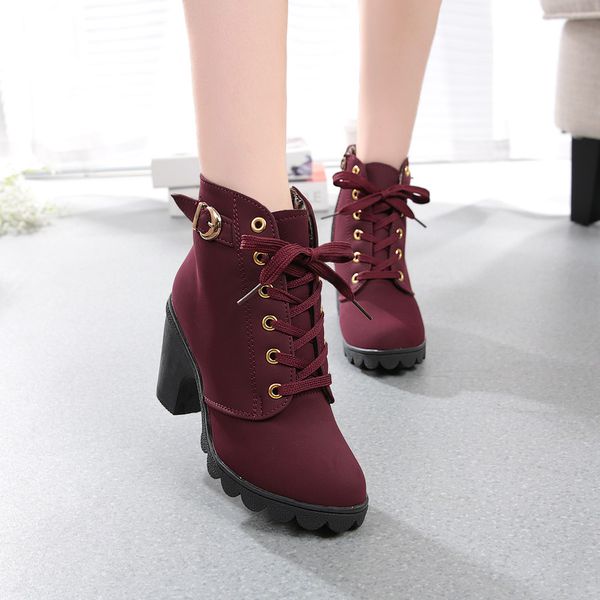 

boots women shoes woman fashion high heel ankle boots ladies buckle platform artificial leather shoes bota feminina, Black