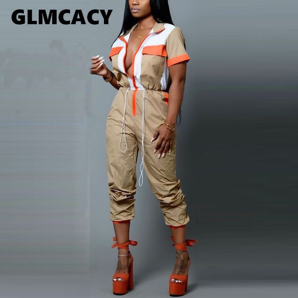 

women short sleeve summer zip up high street overalls v neck regular fit jumpsuits chic streetwear long jumpsuit, Black;white