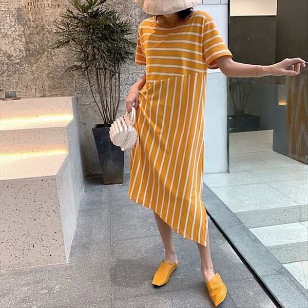 

2005#2020 long skirt summer loose stripe irregular stitching short sleeve dress long skirt women's dress, White