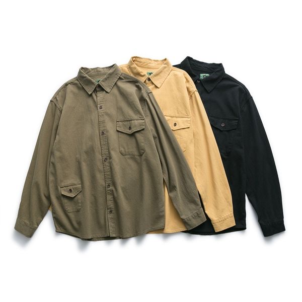 

retro men's shirt jacket winter tide brand youth solid color wild tooling shirt, White;black
