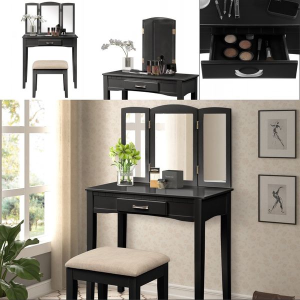 2019 Vintage Black Good Quality Vanity Table Set With Tri Fold