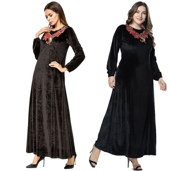 

black abaya moslim dubai 2019 long velvet dresses embroidery long sleeve muslim dress kaftan islamic clothing plus size -4xl robe, Red