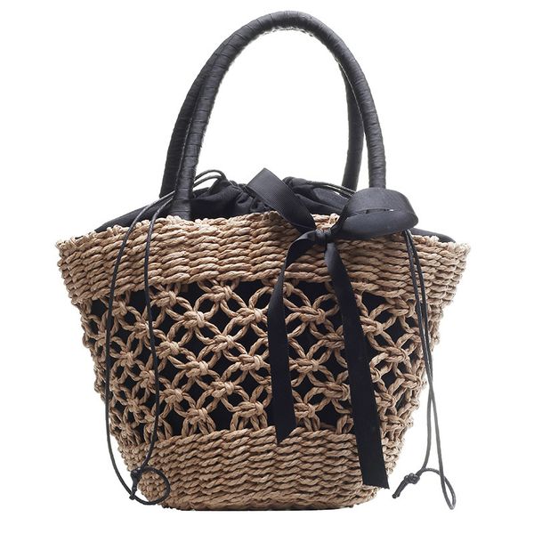 

ljl-handmade straw bag female new personality woven vegetable basket black bow ribbon handbag
