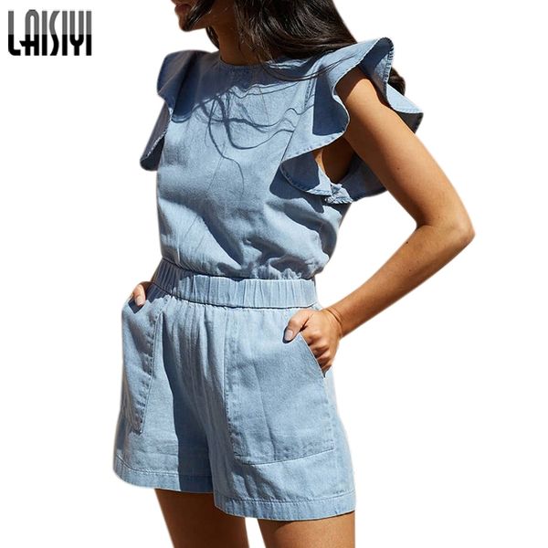 

laisiyi women ruffle sleeves denim blue playsuits summer cotton fashion playsuits with pockets elastics waist rompers asju20561, Black;white